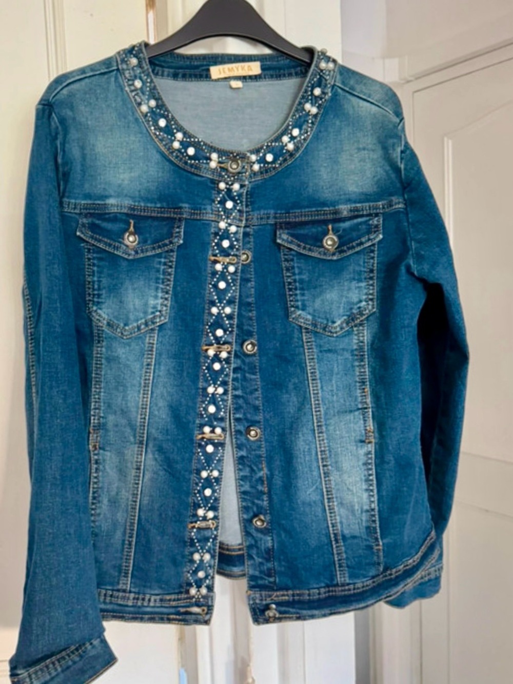 Embellished Blue Denim Jacket with Pearl & Glittery Rhinestone Accents - Picture 1 of 9